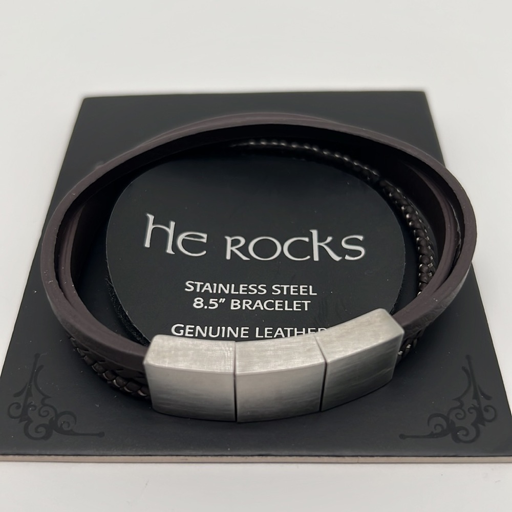 HE ROCKS Brown Leather and Stainless Steel Triple Wrap Bracelet - Picture 2 of 4